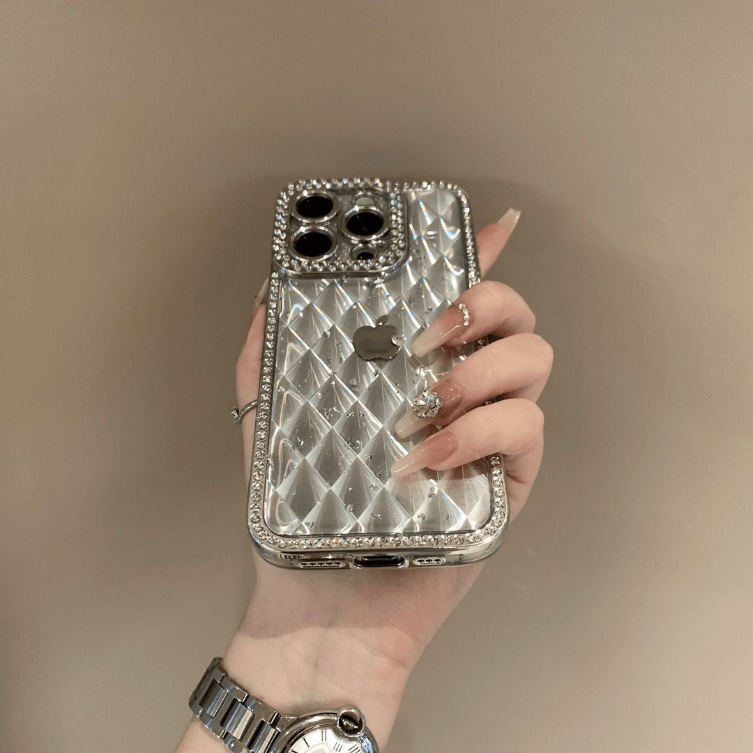 Diamond Embedded Mirror Frame Checkered iPhone Case