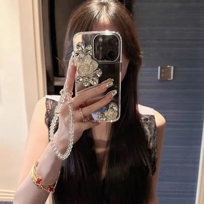 Luxury Camellia Rhinestone Mirror Chaini IPhone Case