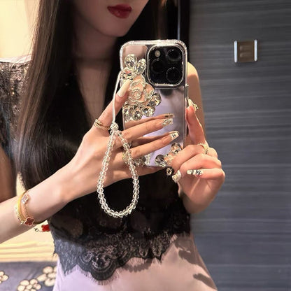 Luxury Camellia Rhinestone Mirror Chaini IPhone Case